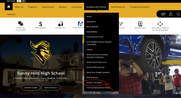 A digital version of the Lancer Handbook, renamed “Student Handbook,” can be found under the “Students and Parents” section of the Sunny Hills website. For students to be able to pick up class schedules on Lancer Days, the handbook is one of many steps their parents have to go through on Aeries in May or over the summer.